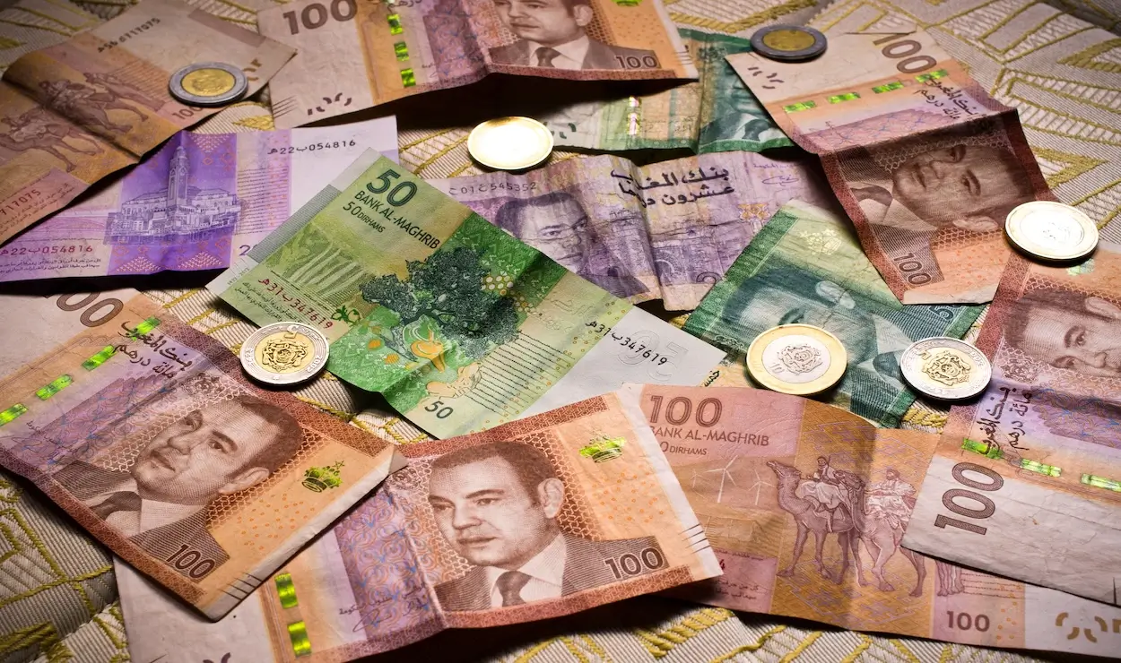 Moroccan currency – colorful dirham banknotes and coins featuring King Mohammed VI, symbolizing travel costs, budgeting, and money tips for visiting Morocco